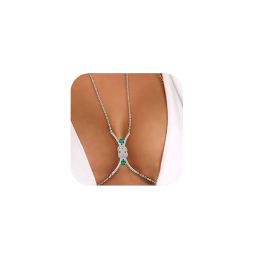 IYOU Funkelnd Kristall Körper Kette Silber Strass Bling Truhe Ketten Quaste Sexy Party Nachtclub Körper Zubehör zum Frauen (Silber 2) von IYOU