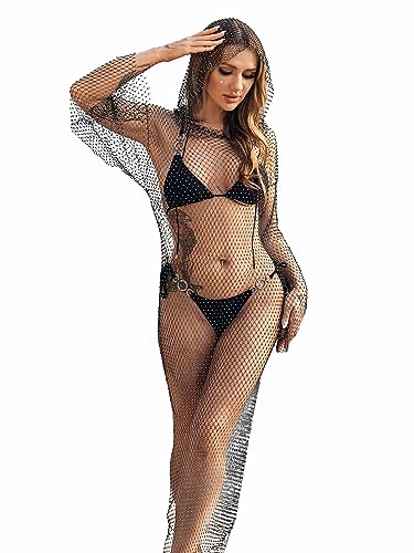 IYOU Glitzernde Kristall Mesh Kleid Schwarze Langärmelige Röcke Durchsichtige Fischnetz Cover ups Bademode Rave Festival Bikini Körper Zubehör für Frauen von IYOU