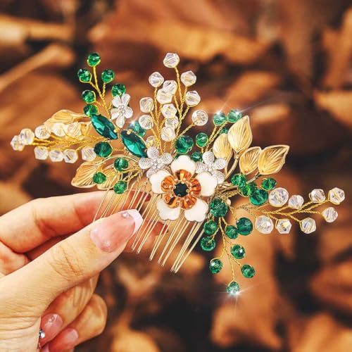 IYOU Glitzernder Kristall Haarkamm Grün Blume Brautschmuck Perlen Blatt Abschlussball Kopfschmuck für Braut und Brautjungfern von IYOU