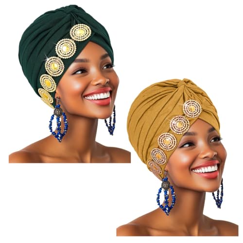 IYOU Afrikanischer Turban Kopfbedeckung Grün Glitzernder Kristall kopfschal Weiche Strassmütze Beanie Mütze für Damen(Packung mit 2) von IYOU