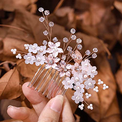 IYOU Braut Hochzeit Haarkamm Kristall Perle Blume Haar Schmuck Kopfbedeckung Gemeinschaft Abschlussball Prinzessin Haarschmuck zum Mädchen und Frauen (Roségold) von IYOU