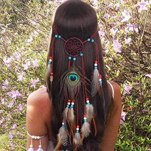 IYOU Indisch Pfau Stirnband Hippie Boho Feder Kopfstück 1920er Jahre Kopfkette Haarteil Schmuck Zubehör Kopfschmuck Maskerade zum Frauen und Mädchen von IYOU