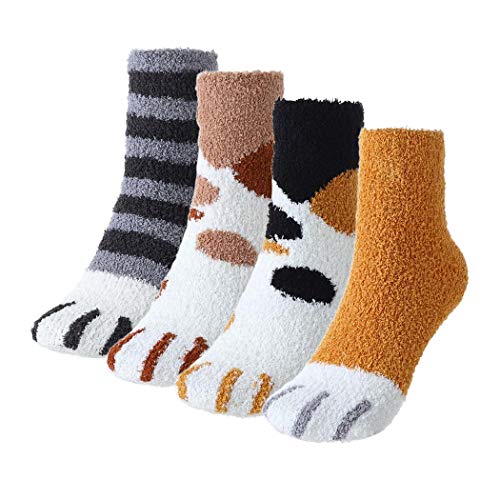 IYOU Katze Pfote Flauschige Socken Warm Weiß Streifen Slipper Socken Süß Lustig Schlafen Innen Socken zum Frauen und Mädchen (4 Paare) von IYOU