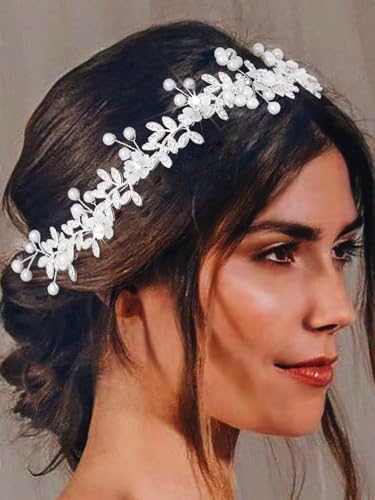 IYOU Kristall Braut Haarranken Blatt Silber Hochzeit Stirnband Perle Blume Braut Brautjungfer Haarschmuck für Frauen von IYOU