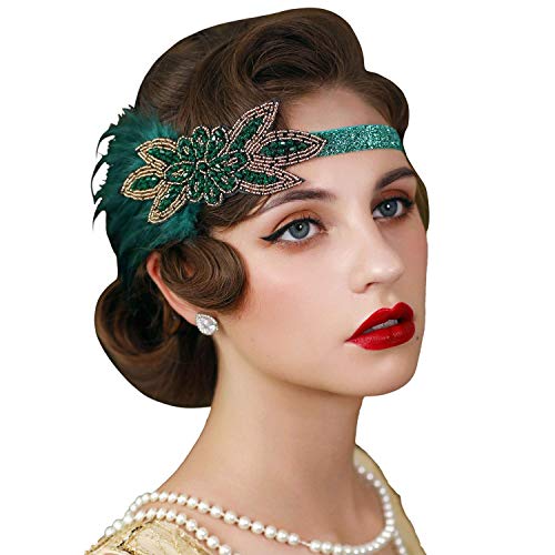 IYOU Kristall Feder Gatsby Kopfbedeckung Grün Strass Flapper Haarteile Vintage Party Kostüm Stirnband Haar-Accessoires für Frauen von IYOU