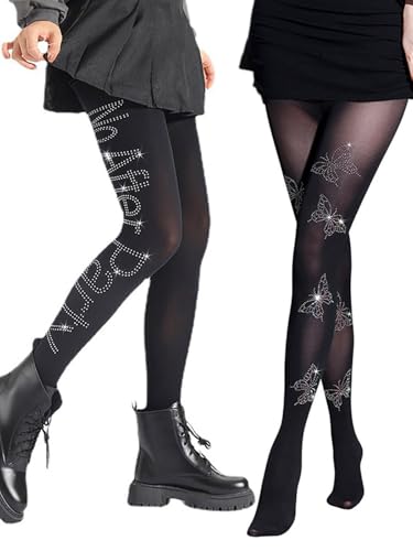 IYOU Kristall Hoch Taille Strumpfhose Glänzend Strass Schwarz Fischnetz Strumpfhose SchmetterlingParty Strumpfhose Fischnetz Strumpfhosen für Frauen und Mädchen(2er-Pack) von IYOU