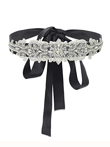 IYOU Kristall Hochzeit Braut Gürtel Schwarz - Strass Kleid Schärpe Mit Schleife für Frauen - Prom Brautjungfer von IYOU