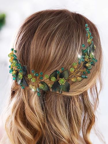 IYOU Kristall Hochzeit Haar Rebe Grün Blatt Braut Stirnband Strass Kopfstück Prom Braut Brautjungfer Haarschmuck für Frauen von IYOU