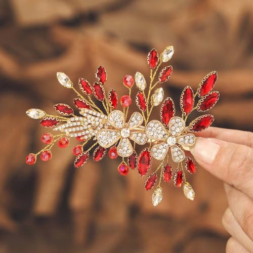 IYOU Kristall Hochzeit Haarspange Blume Rot Barrette Kopfstück Strass Haar Kämme Prom Braut Haarschmuck für Frauen von IYOU