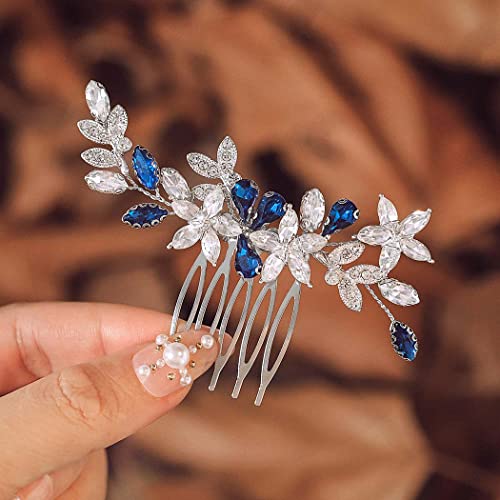 IYOU Kristall Hochzeits Haarkamm für Frauen Blau Strass Brautschmuck Blumen Kopfschmuck Abschlussball Gäste Haarteil für Braut und Brautjungfern von IYOU