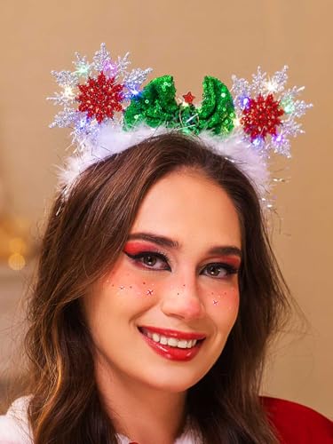 IYOU Leuchtendes Weihnachten Stirnband Grün Maus Ohr Led Haarbänder Schneeflocke Bowknot Kopfbedeckung Weihnachten Cosplay Kostüm Haarschmuck für Frauen von IYOU