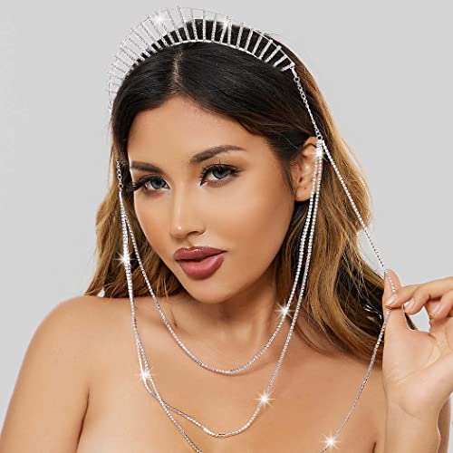 IYOU Mary Halo Krone Stirnband Gold glitzernde Strass Göttin Kopfschmuck Quaste Hochzeit Party Kostüm Haar Tiara Kopfbedeckung für Frauen und Mädchen (Silber-B) von IYOU