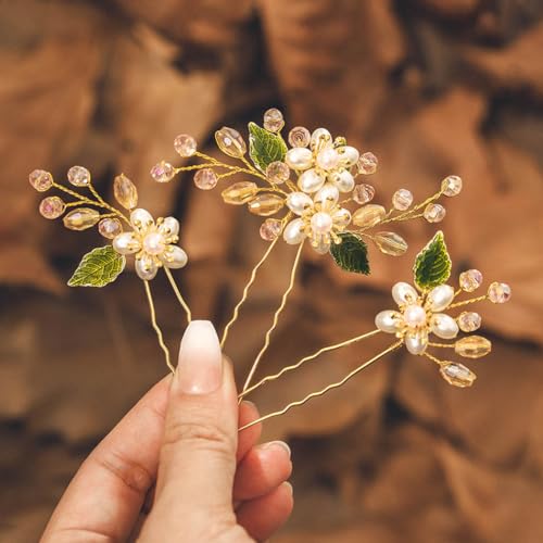 IYOU Perle Hochzeit Haarnadeln Gold Blume Braut Haarschmuck Blatt Perlen Gast Brautjungfer Kopfstück für Frauen (3 Stück) von IYOU