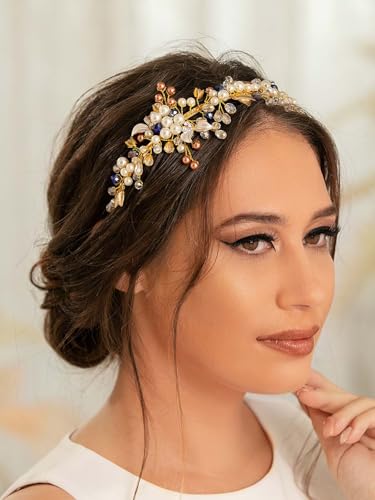 IYOU Perlen Hochzeit Stirnband Blatt Gold Haarbänder Tiara Strass Braut Brautjungfer Haarschmuck für Frauen von IYOU