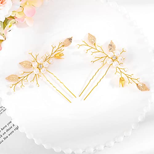 IYOU Perlen Hochzeits Haarnadeln Blume Gold Kopfschmuck Blatt Brautjungfern für Frauen Mädchen Kommunion Abschlussball (2 Stück) von IYOU
