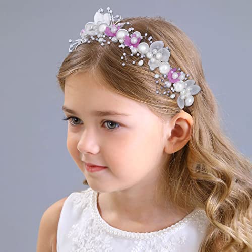 IYOU Perlen Hochzeits Stirnbänder Violette Blumen Braut Haarbänder Blumenmädchen Haarschmuck für Kinder Geburtstag Kommunion von IYOU