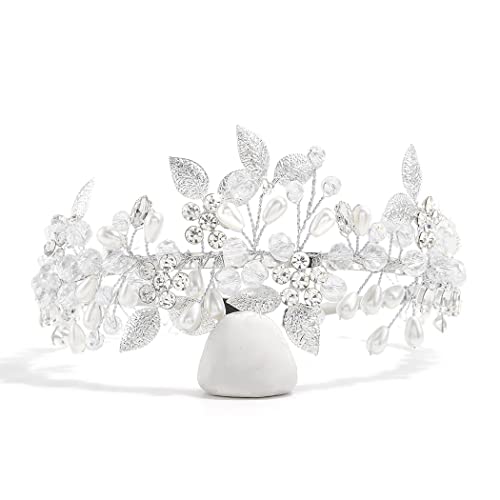 IYOU Perlen Hochzeits Stirnband Silber Haarbänder Blumen Blatt Abschlussball Brautschmuck Haarschmuck für Braut und Brautjungfern von IYOU