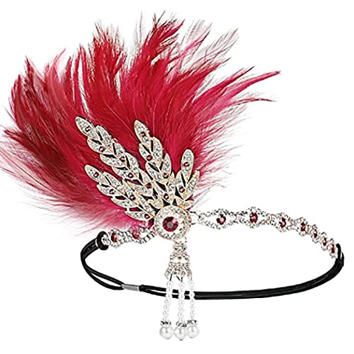 IYOU Pfau Feder Gatsby Kopfbedeckung Schwarz Kristall Flapper Stirnbänder Abschlussball Kostüm Hochzeit 1920 Haarschmuck für Frauen (Rot) von IYOU