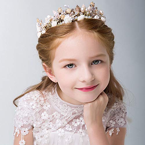 IYOU Princess Gold Blume und Muschel Kopfschmuck Perle Haarkette Kristall Braut Meerjungfrau Haarschmuck für Blumenmädchen von IYOU