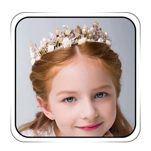 IYOU Princess Gold Blume und Muschel Kopfschmuck Perle Haarkette Kristall Braut Meerjungfrau Haarschmuck für Blumenmädchen von IYOU