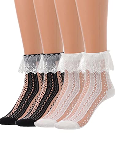 IYOU Rüsche Spitze Kniestrümpfe Schwarz Knöchelhohe Socken Transparent Fischnetz Durchsichtige Socken für Frauen und Mädchen (2 Paare) von IYOU