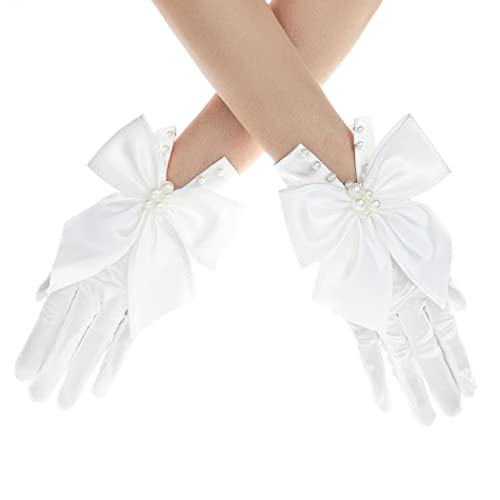 IYOU Satin Verneigung Hochzeit Handschuhe Kurz Weiß Perle Handschuh Kostüm Tischgesellschaft Braut Handschuhe zum Frauen (Weiß 1) von IYOU