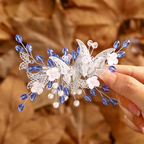 IYOU Schmetterling Braut Haarspangen Blau Kristall Barrette Hochzeit Seite Kämme Blatt Perle Braut Kopfstück Abschlussball Gast Haarschmuck für Frauen von IYOU