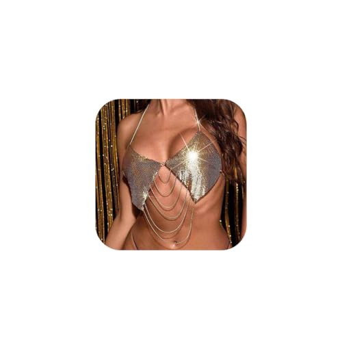 IYOU Paillette Metallic Crop Tops Gold Pailletten Quaste Körper Kette Boho Bikini Rückenfrei Neckholder BH Harness Körper Zubehör für Party Karneval Nachtclub von IYOU