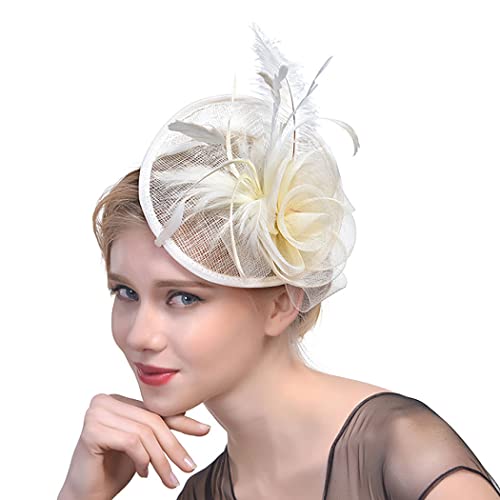 IYOU Sinamay Faszinator mit Stirnband-Clip Beige Blume Gittergewebe Bänder Gefieder Kopfbedeckung Cocktail Pillbox-Hut für Frauen Hochzeit Kostüm Party von IYOU