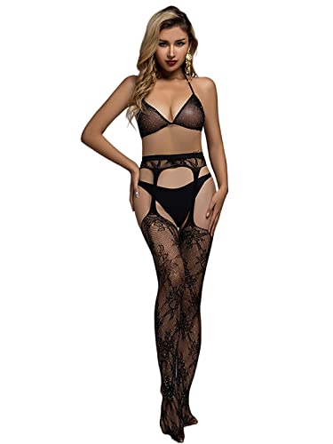 IYOU Sparkly Strass Netzstrümpfe Stocking Schwarz Blumen BH Hohe Taille Strumpfhosen Kristall Nightclub Party Masche Strumpfhosen Unterwäsche Set Fischnetz Strumpfhosen für Frauen von IYOU