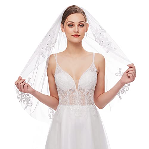 IYOU Spitze Frauen Braut Schleier Weiß Kurz Tüllschleier 1 Stufe Party Braut Schleier mit Kamm zum Frauen Hochzeit Jubiläum (White) von IYOU