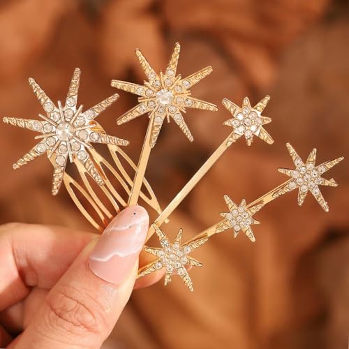 IYOU Stern Hochzeit Haarkamm Set Gold Funkelnde Kristall Haarteil Haarnadel Braut Haarspangen Brautschmuck für Damen(4 Stück) (Gold) von IYOU