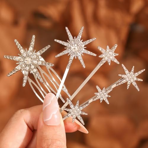 IYOU Stern Hochzeit Haarkamm Set Gold Funkelnde Kristall Haarteil Haarnadel Braut Haarspangen Brautschmuck für Damen(4 Stück) (Silber) von IYOU