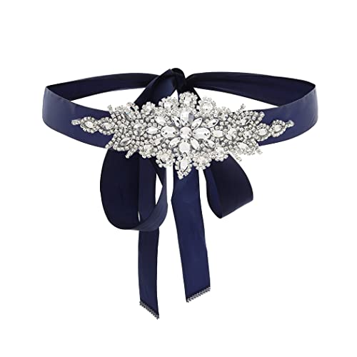 IYOU Strass Hochzeit Gürtel Kristall Schärpe Applikationen Gürtel Braut Abschlussball Kleidergürtel mit Navy blau Schleife zum Frau und Mädchen von IYOU