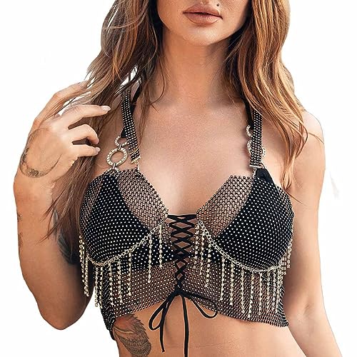 IYOU Strass Mesh Körper Kette Balck Kristall BH Kette Quaste sehen durch Crop Tops Nachtclub Party Körper Zubehör für Frauen von IYOU