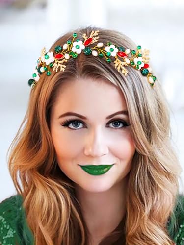 IYOU Strass Weihnachten Haar Reben Grün Funkelnd Kristall Kopfstück Blatt Blumen Braut Festival Weihnachts Haarschmuck für Damen und Mädchen von IYOU