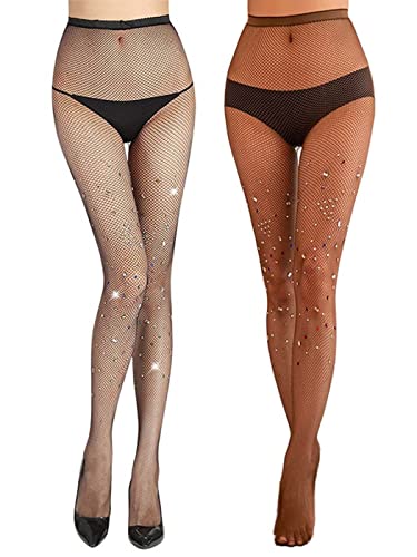 IYOU Strumpfhosen Strass Netzstrumpfhosen Schwarz Glitzernde Kristall Strümpfe Night Club Party Fischnetz Strumpfhosen mit hoher Taille für Frauen(2er Pack) von IYOU