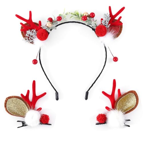 IYOU Weihnachten Stirnband Set Clips Rote Rentiergeweih Haarband Rote Beere Tannenzapfen Haarspangen Festival Weihnachten Kopfbedeckung Haarschmuck für Erwachsene Kinder von IYOU