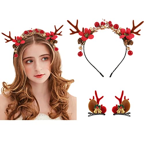 IYOU Weihnachts Stirnband mit Haarspangen Rot Rentiergeweih Haarband Beeren Tannenzapfen weihnachten Kopfbedeckung Haarschmuck für Erwachsene und Kinder von IYOU