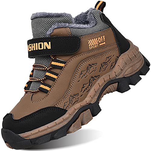 IYVW 1768 Jungen Stiefel Kinder Trekking-& Wanderstiefel Bequem mit Warmem Gefüttert Klettverschluss wasserdichte rutschfeste Kletterschuhe Outdoor Mädchen Winter Braun 33 EU von IYVW