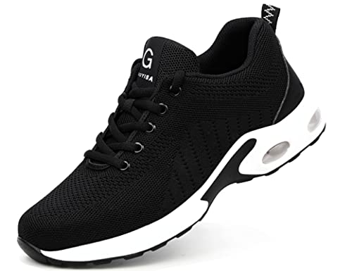 IYVW C9191 Sicherheitsschuhe Herren Damen Arbeitsschuhe Schutzschuhe mit Stahlkappen Reflektierend Leicht Atmungsaktiv Sneaker Schwarz 44 EU von IYVW