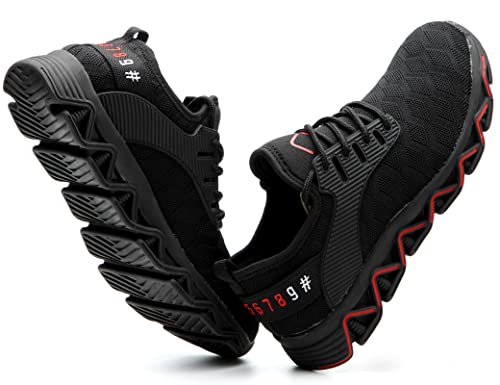 IYVW Safety 906 Sicherheitsschuhe Herren Leicht Arbeitsschuhe Damen Stahlkappe Schutz Atmungsaktiv Turnschuhe Mesh Wandern Sportlich Sneaker Schwarz Rot 38.5 EU von IYVW