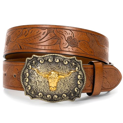 IZUS Rodeo Cowboy-Gürtel für Herren und Damen, Metallschnalle, Western-Jean-Gürtel mit floralem geprägtem PU-Leder, 3,8 cm breit, Unisex-Erwachsene, Bull-braun, 39"Belt for 29"-33" Waist von IZUS