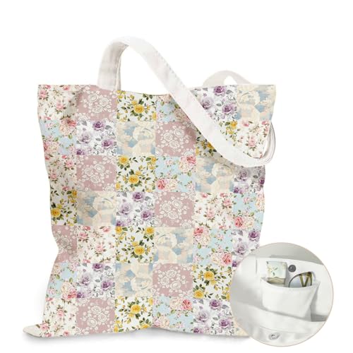Ialtsidws Aesthetic Floral Canvas Tote Bag for Women - with Magnetic Snap Closure & Zipper Inner Pocket Reusable Totes Bag, Reusable Canvas Shoulder Bag for Women von Ialtsidws