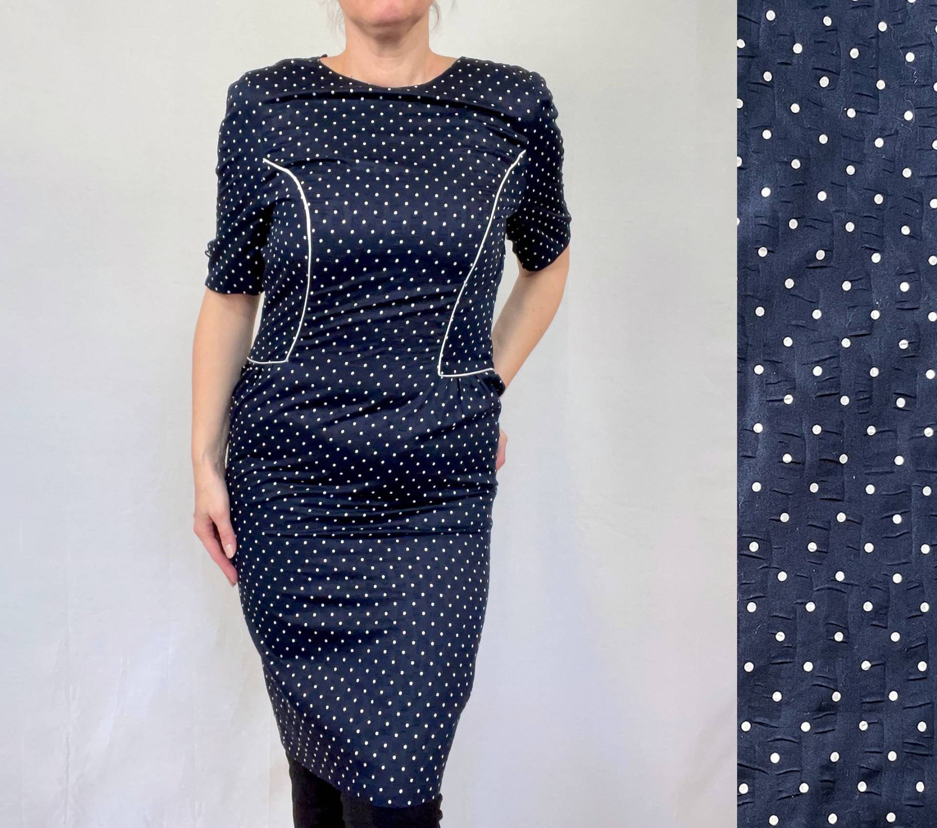 70Er Jahre Kleid, Dunkelblaues Polka Dot Vintage Etuikleid, Größe M von IamMiaFinland