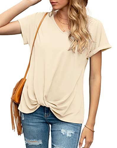 Iandroiy Damen Bequeme Casual Sommer Tops Kurzarm V-Ausschnitt Blusen T Shirts Twist Knot Tees, A 19 Cream, X-Large von Iandroiy
