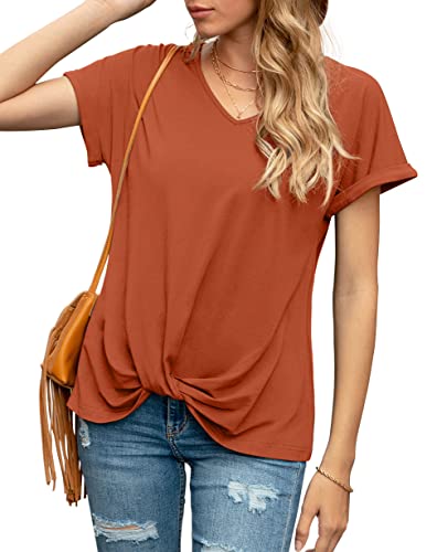 Iandroiy Damen Bequeme Casual Sommer Tops Kurzarm V-Ausschnitt Blusen T Shirts Twist Knot Tees, A 21 Rost, X-Large von Iandroiy