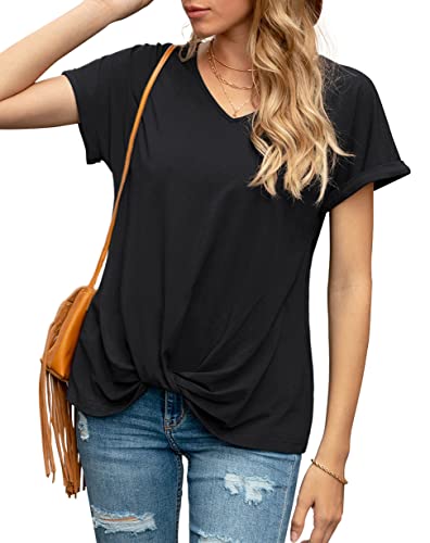 Iandroiy Damen Twist Knot Oberteil Tops Kurzarm V-Ausschnitt T-Shirts - Schwarz - XX-Large von Iandroiy