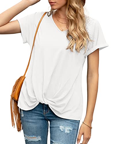 Iandroiy Damen Twist Knot Oberteil Tops Kurzarm V-Ausschnitt T-Shirts - Weiß - XX-Large von Iandroiy