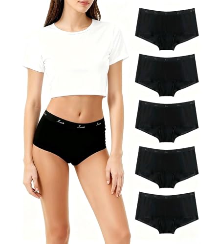 Iausie Unterhosen Damen Unterwäsche Frauen Bio-Baumwolle Boxershorts Hipster Panties Atmungsaktive Pantys Breiter Bund 5er Pack in Schwarz BL XL von Iausie